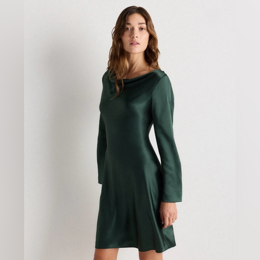 Quince 100% Washable Silk Long Sleeve Mini Dress • Forest Green • Sz L • NWT